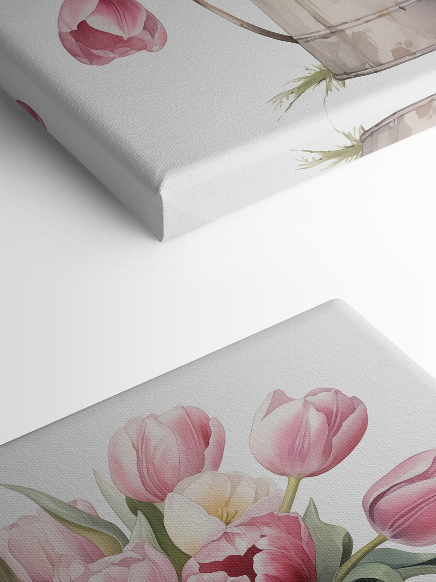 Peinture de tulipes roses dans un seau en métal