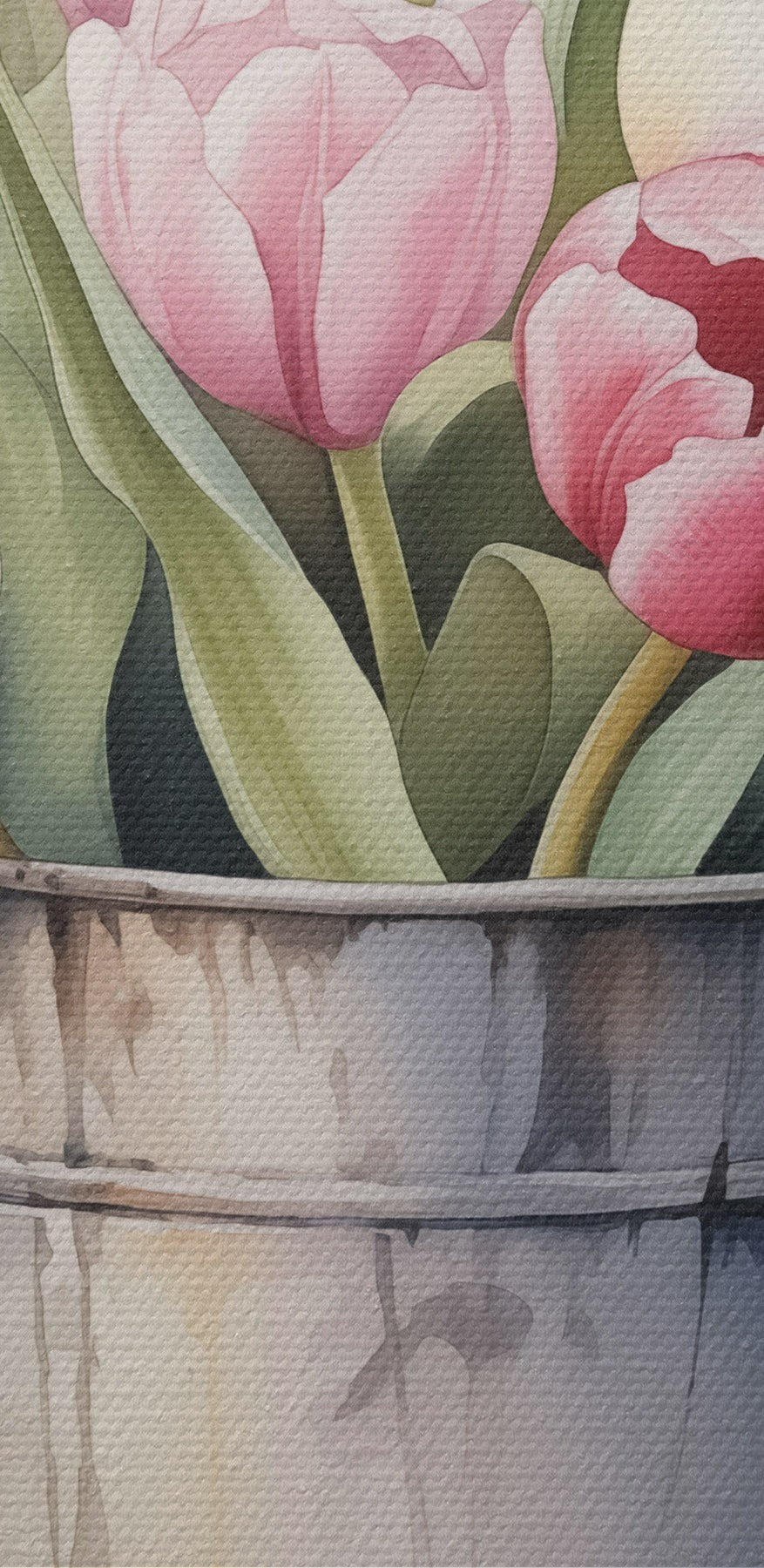 Peinture de tulipes roses dans un seau en métal