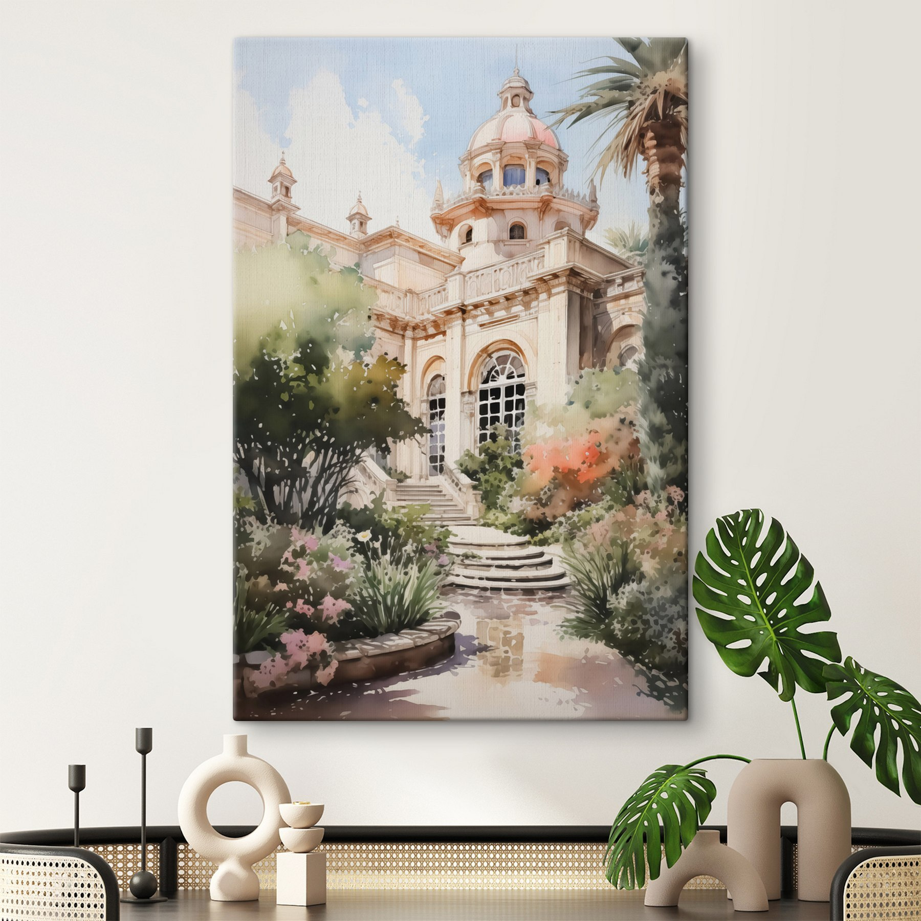 Watercolor painting of a building with a tower and stairs