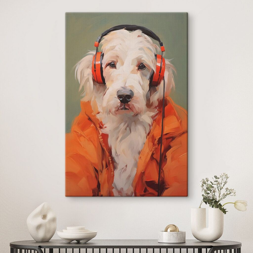 Dog wearing orange headphones Dog wearing orange headphones