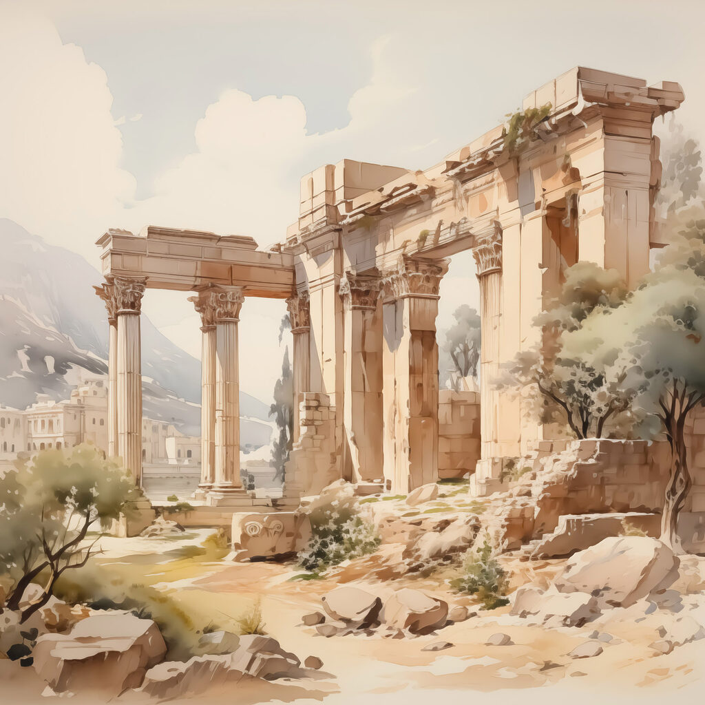 Painting of a stone building with columns