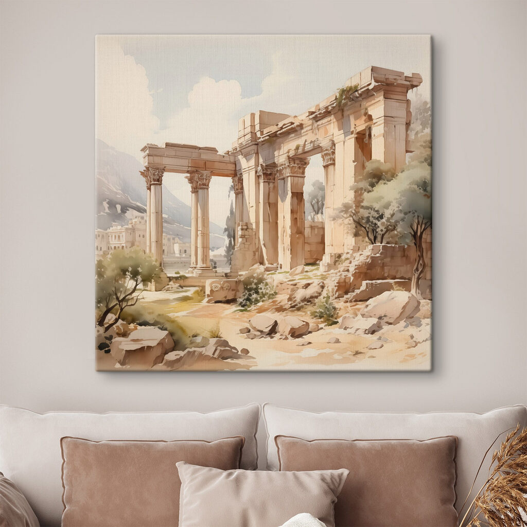 Painting of a stone building with columns