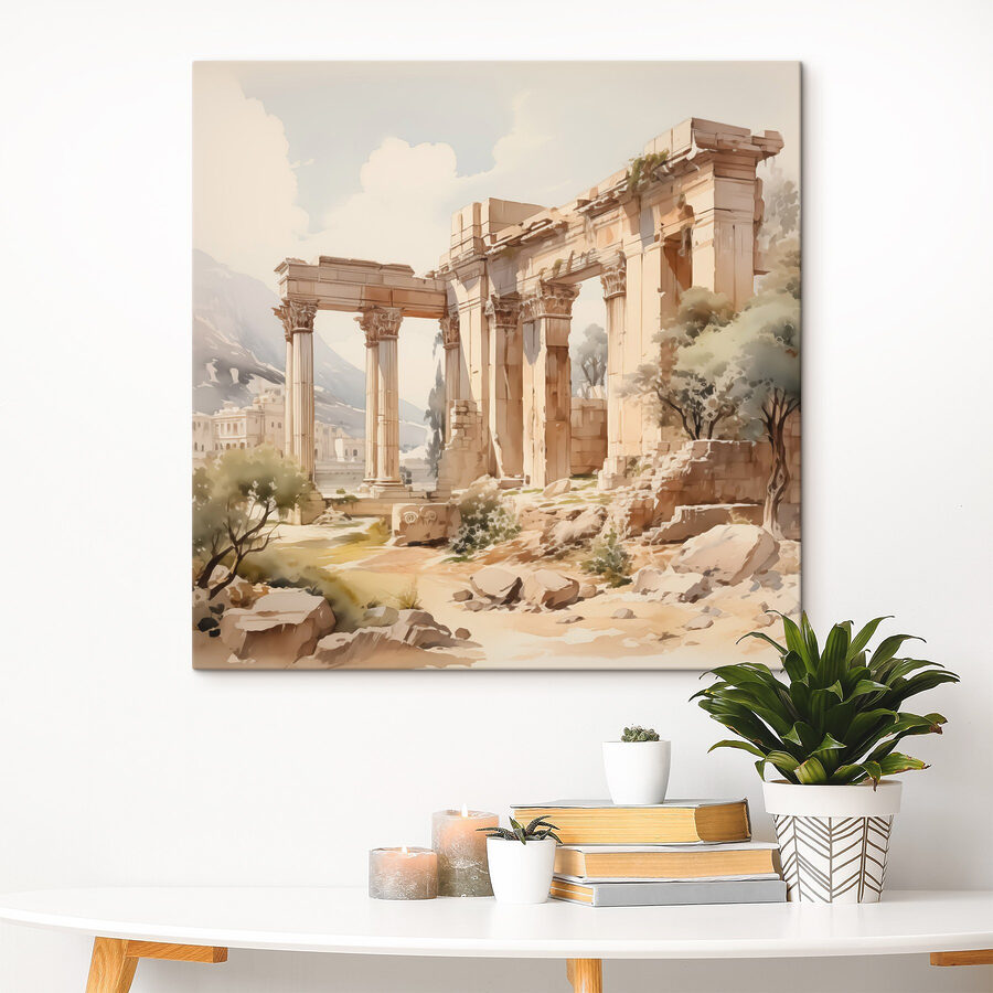 Peinture d'un bâtiment en pierre avec des colonnes