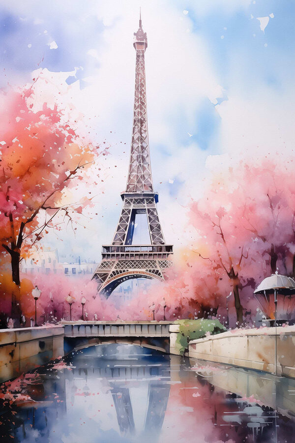 Aquarelle d'une tour avec des fleurs roses et un pont Aquarelle d'une tour avec des fleurs roses et un pont