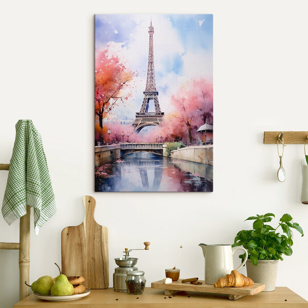 Aquarelle d'une tour avec des fleurs roses et un pont Aquarelle d'une tour avec des fleurs roses et un pont