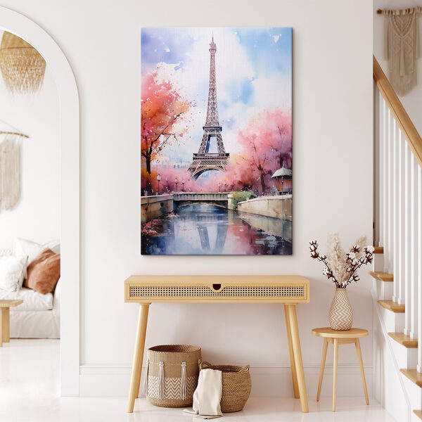 Aquarelle d'une tour avec des fleurs roses et un pont Aquarelle d'une tour avec des fleurs roses et un pont
