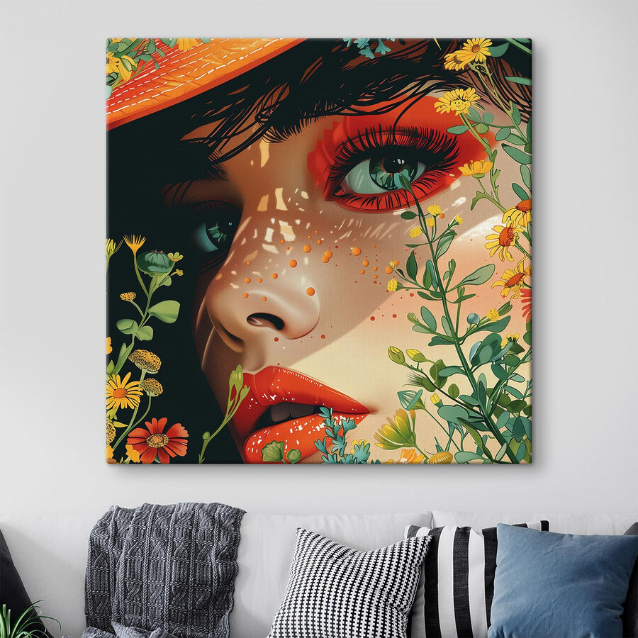 Femme avec un chapeau et des fleurs