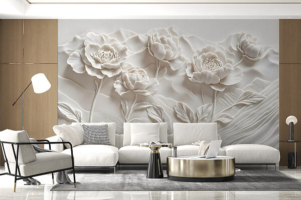 Sculpture de fleurs blanches sur un mur Sculpture de fleurs blanches sur un mur