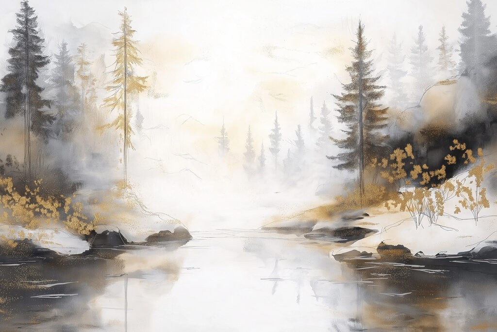 Watercolor painting of a river with trees and fog