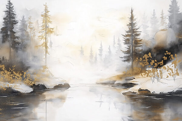 Aquarelle d'une rivière avec des arbres et du brouillard Aquarelle d'une rivière avec des arbres et du brouillard