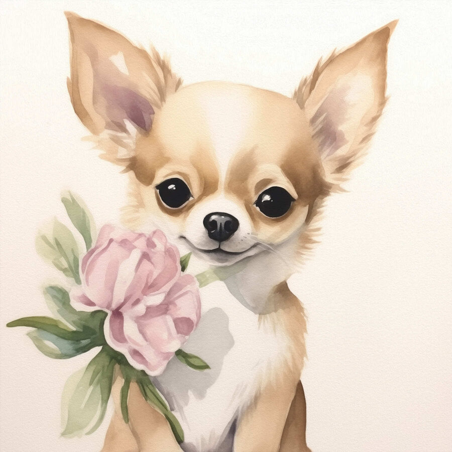 Peinture d'un chien tenant une fleur Peinture d'un chien tenant une fleur