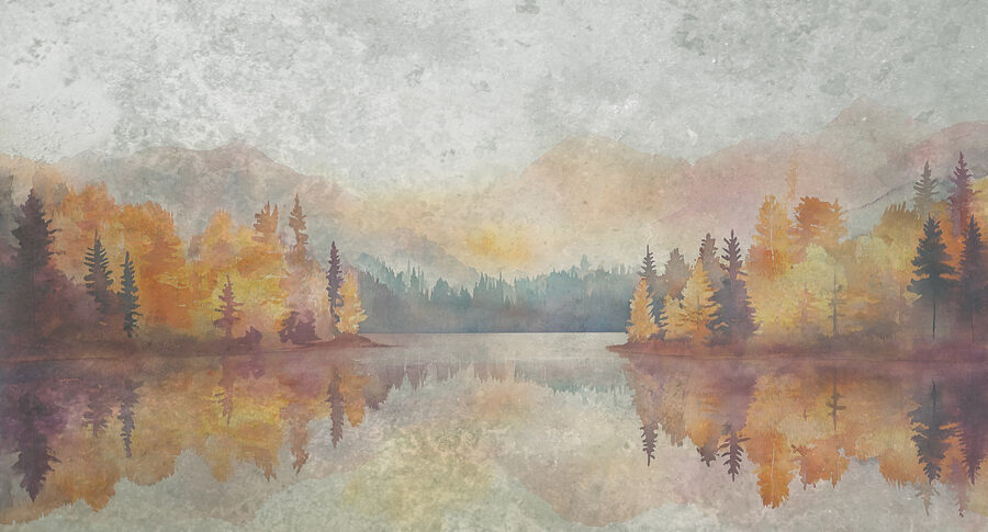 Aquarelle d'un lac avec arbres et montagnes
