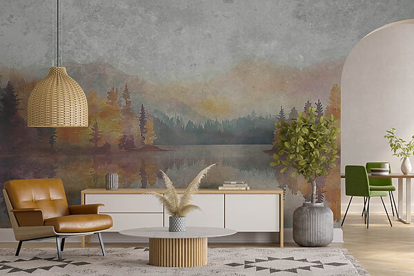 Aquarelle d'un lac avec arbres et montagnes Aquarelle d'un lac avec arbres et montagnes
