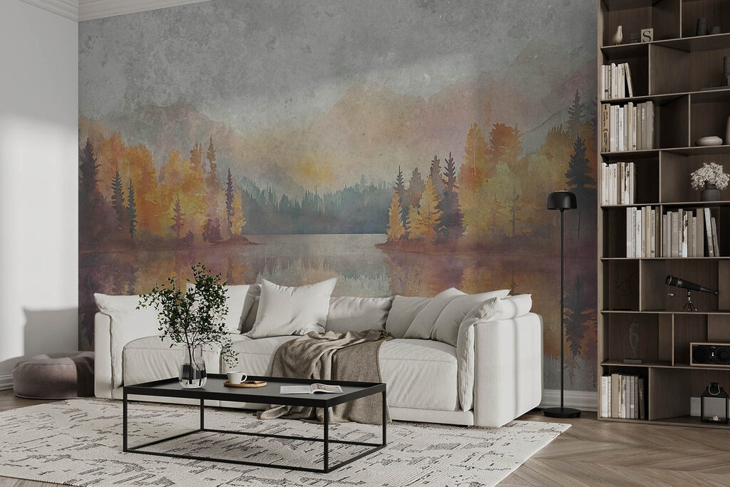 Watercolor painting of a lake with trees and mountains Watercolor painting of a lake with trees and mountains