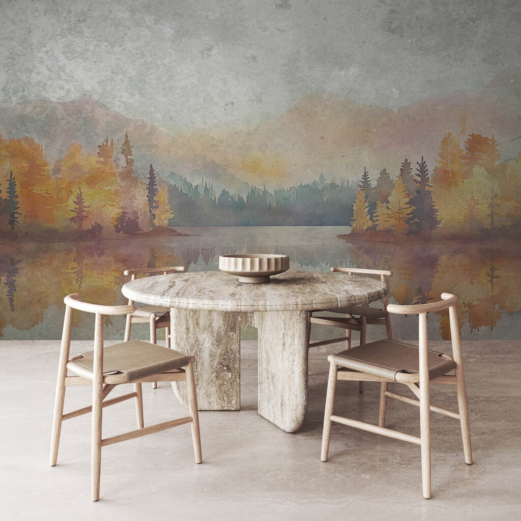 Watercolor painting of a lake with trees and mountains Watercolor painting of a lake with trees and mountains