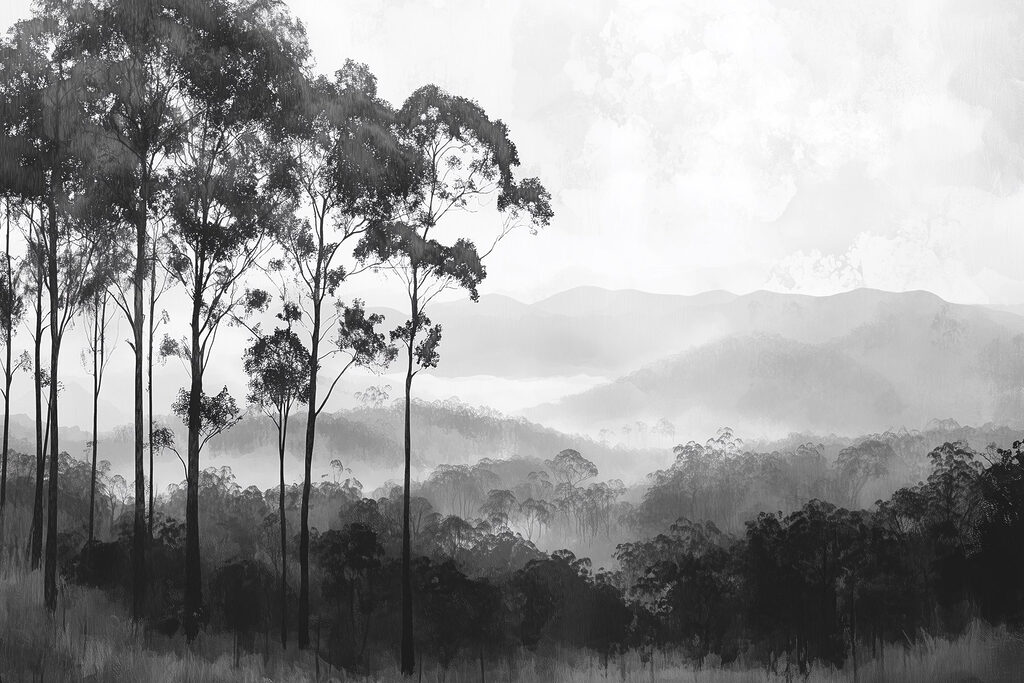 Forest with trees and mountains in the background Forest with trees and mountains in the background