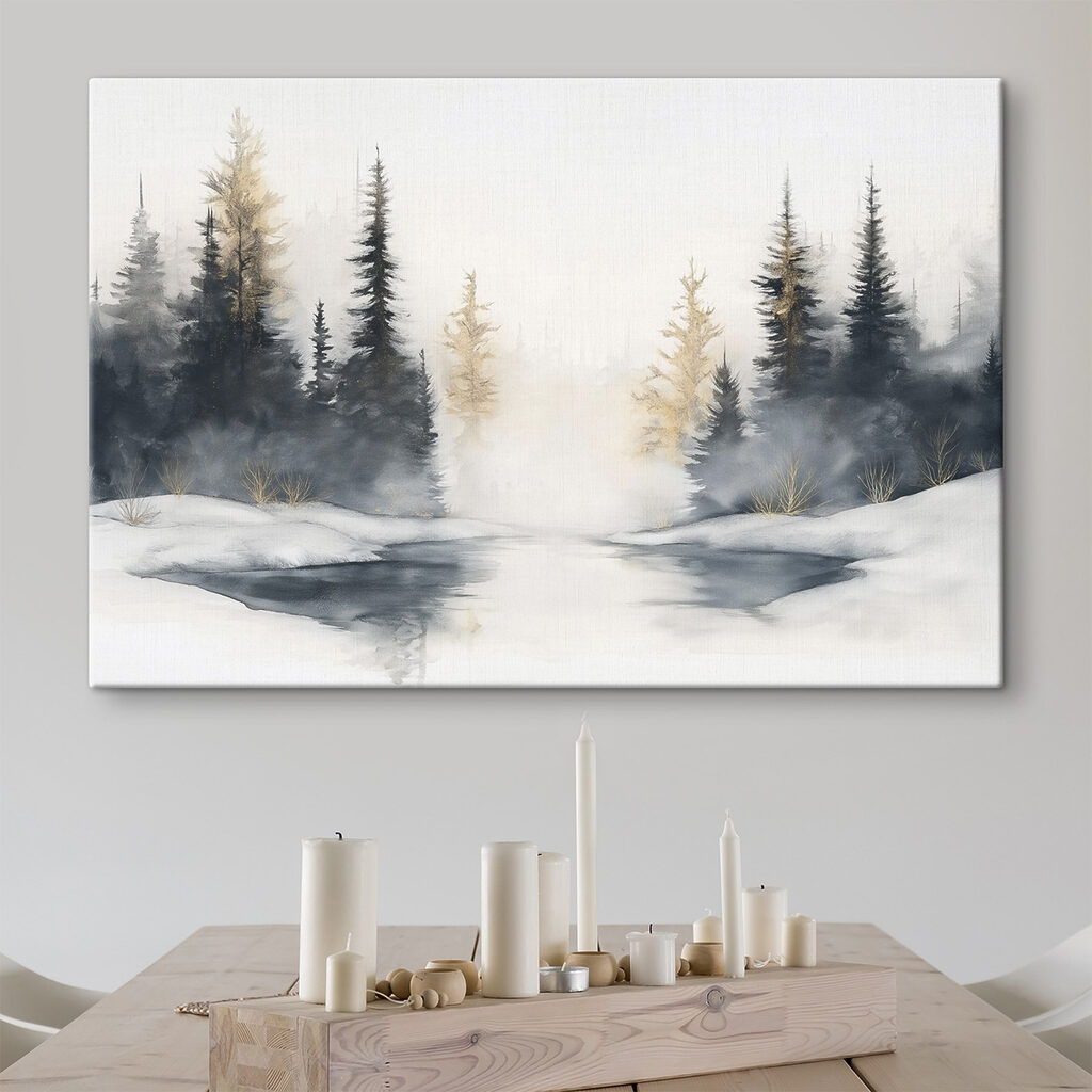 Watercolor painting of a snowy forest