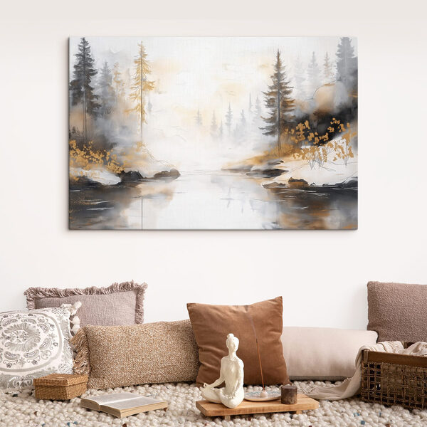 Aquarelle d'une rivière avec des arbres et du brouillard Aquarelle d'une rivière avec des arbres et du brouillard