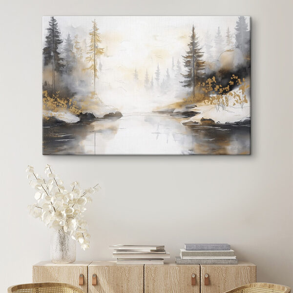 Aquarelle d'une rivière avec des arbres et du brouillard Aquarelle d'une rivière avec des arbres et du brouillard