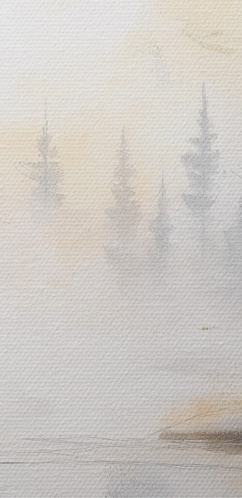 Watercolor painting of a river with trees and fog