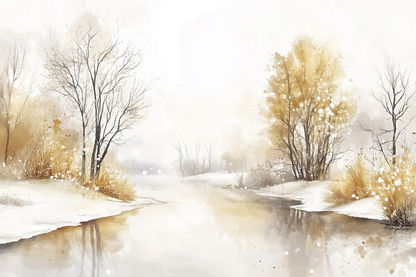 Aquarelle d'une rivière avec des arbres, de l'herbe et de la neige Aquarelle d'une rivière avec des arbres, de l'herbe et de la neige