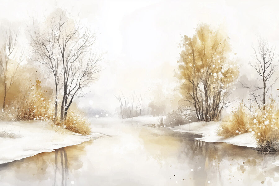 Aquarelle d'une rivière avec des arbres, de l'herbe et de la neige