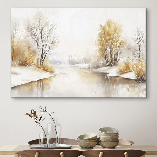 Aquarelle d'une rivière avec des arbres, de l'herbe et de la neige Aquarelle d'une rivière avec des arbres, de l'herbe et de la neige