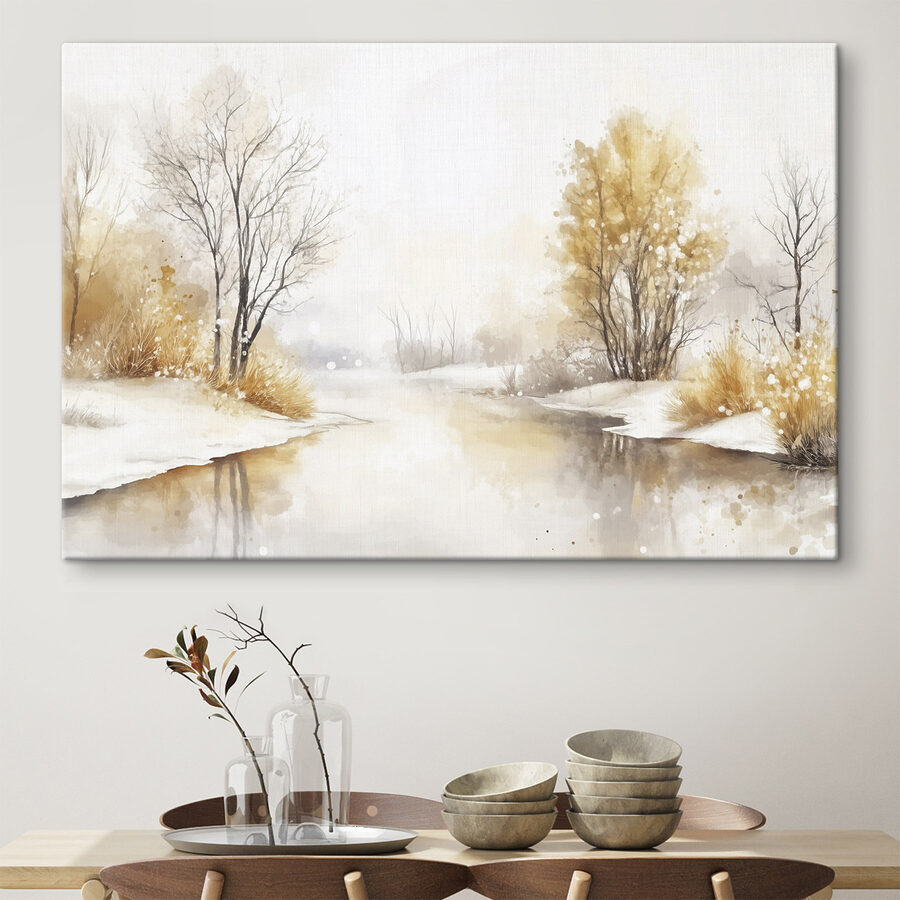 Aquarelle d'une rivière avec des arbres, de l'herbe et de la neige