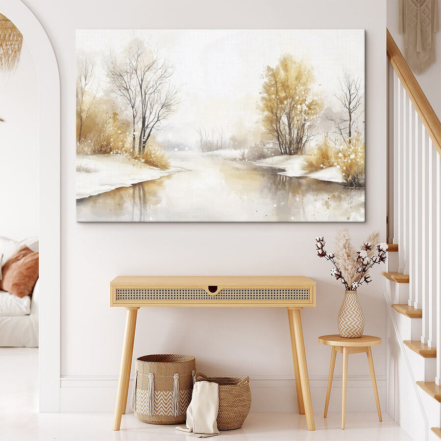 Aquarelle d'une rivière avec des arbres, de l'herbe et de la neige
