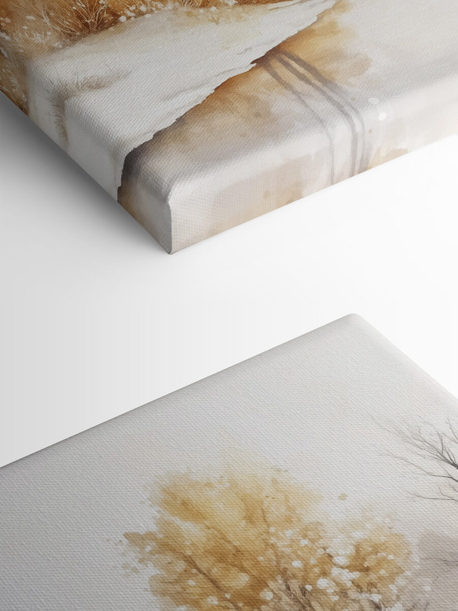 Aquarelle d'une rivière avec des arbres, de l'herbe et de la neige