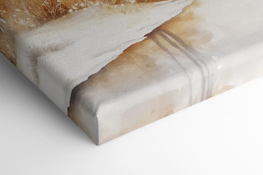 Aquarelle d'une rivière avec des arbres, de l'herbe et de la neige