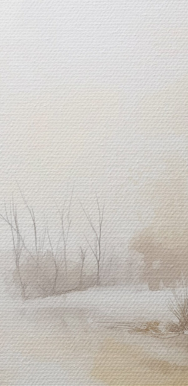Aquarelle d'une rivière avec des arbres, de l'herbe et de la neige Aquarelle d'une rivière avec des arbres, de l'herbe et de la neige