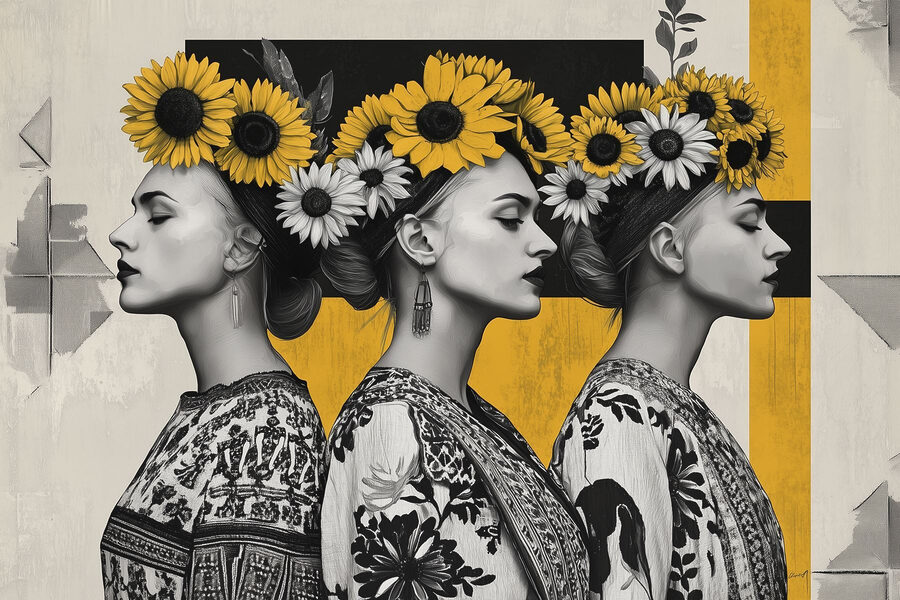 Groupe de femmes avec des tournesols dans les cheveux
