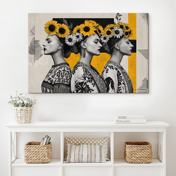 Groupe de femmes avec des tournesols dans les cheveux Groupe de femmes avec des tournesols dans les cheveux