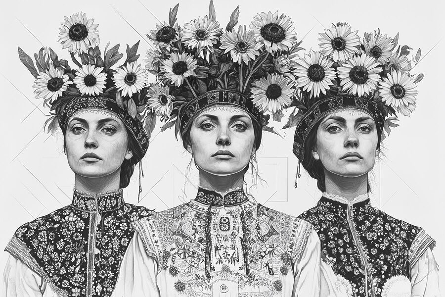 Groupe de femmes avec des fleurs sur la tête Groupe de femmes avec des fleurs sur la tête
