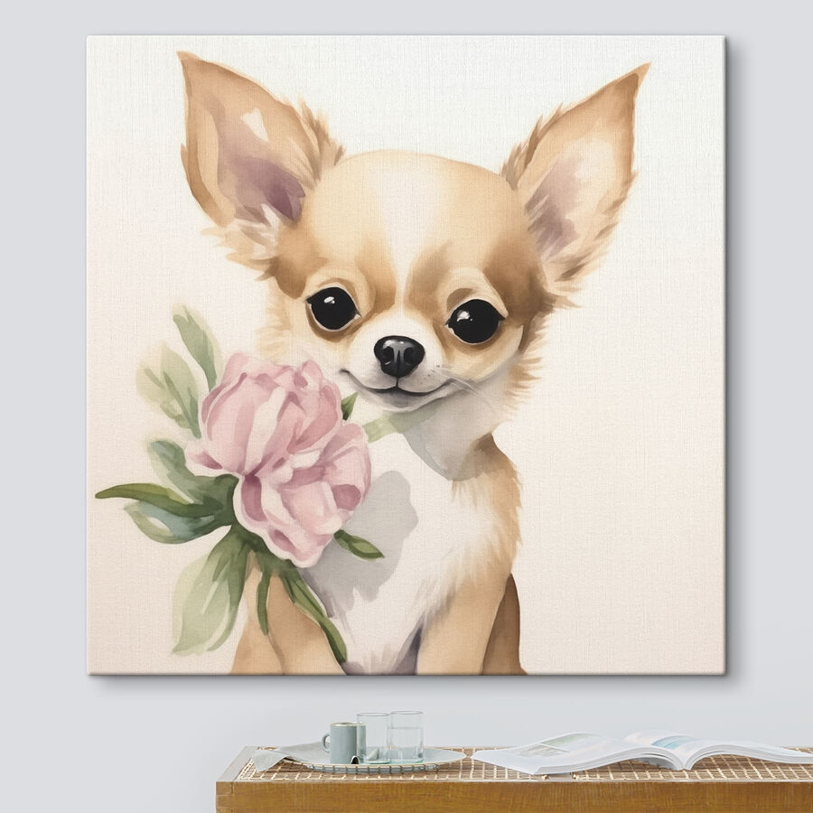 Peinture d'un chien tenant une fleur Peinture d'un chien tenant une fleur