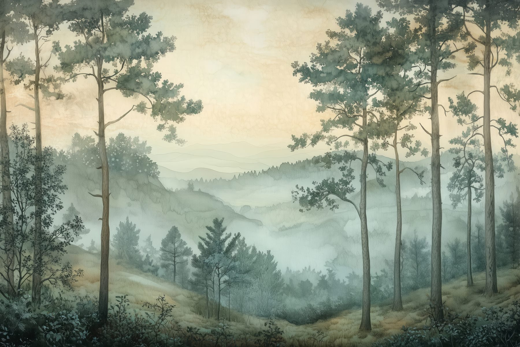 Painting of a forest with fog Painting of a forest with fog