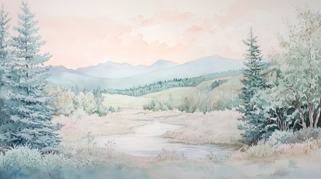 Aquarelle d'une rivière dans une vallée Aquarelle d'une rivière dans une vallée