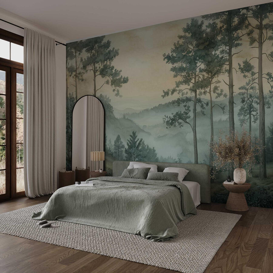 Peinture d'une forêt avec brouillard