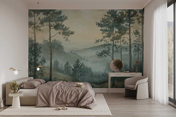 Peinture d'une forêt avec brouillard Peinture d'une forêt avec brouillard
