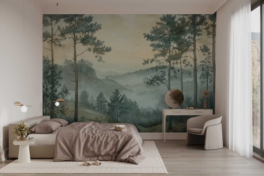 Peinture d'une forêt avec brouillard