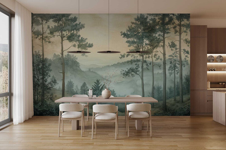 Peinture d'une forêt avec brouillard