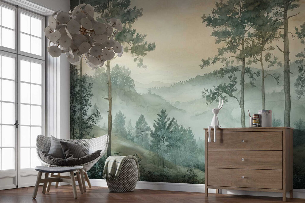 Painting of a forest with fog Painting of a forest with fog