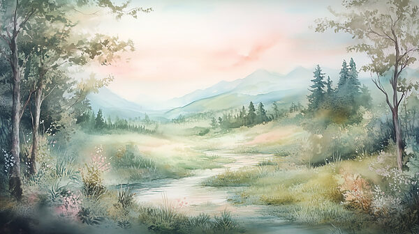 Watercolor painting of a river running through a valley