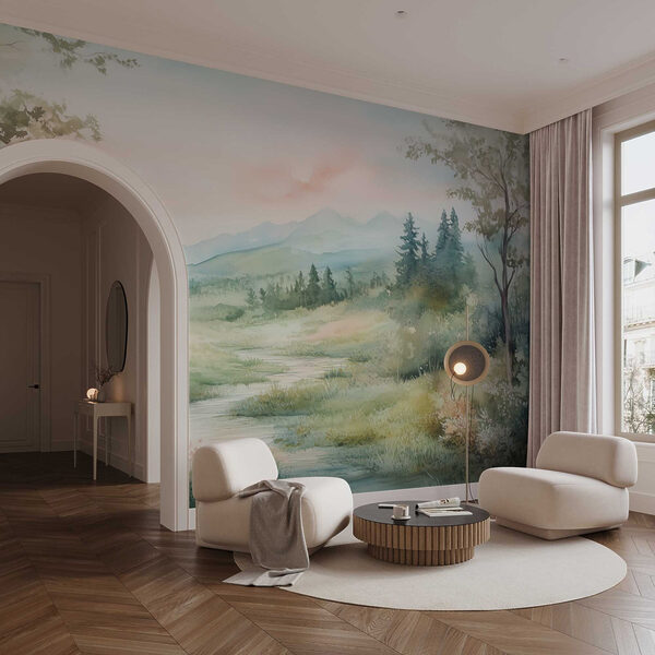 Watercolor painting of a river running through a valley