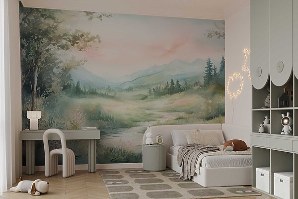 Watercolor painting of a river running through a valley