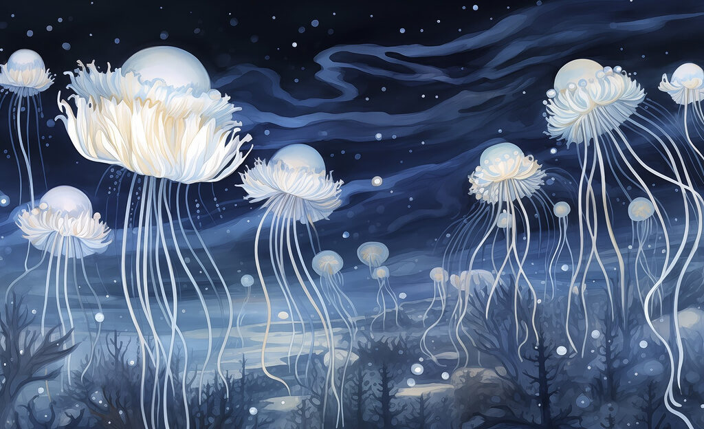 Groupe de méduses sous le ciel nocturne Groupe de méduses sous le ciel nocturne