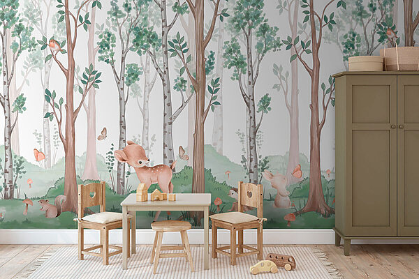 Fond d'écran avec une forêt d'arbres et d'animaux Fond d'écran avec une forêt d'arbres et d'animaux