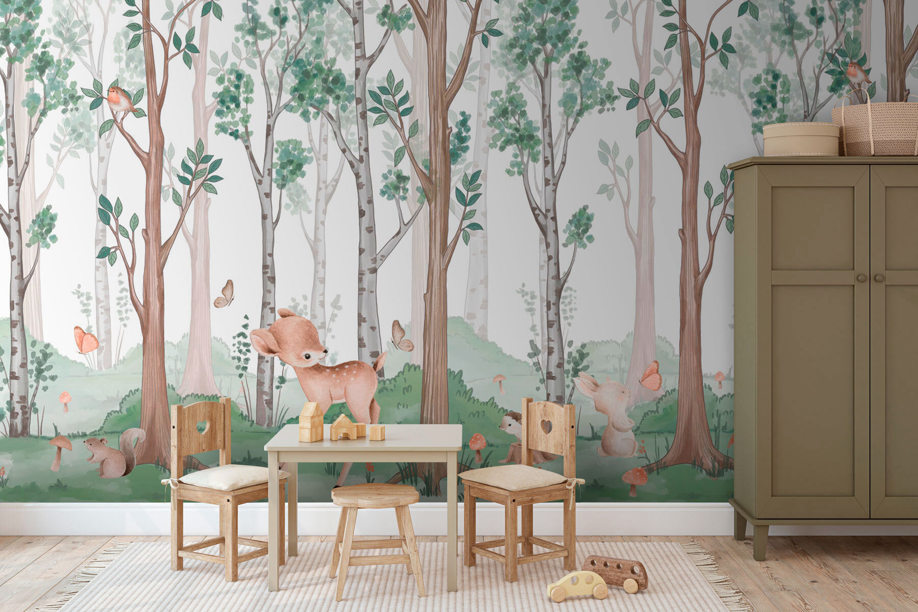 Wallpaper with a forest of trees and animals