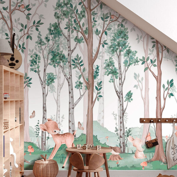 Fond d'écran avec une forêt d'arbres et d'animaux Fond d'écran avec une forêt d'arbres et d'animaux